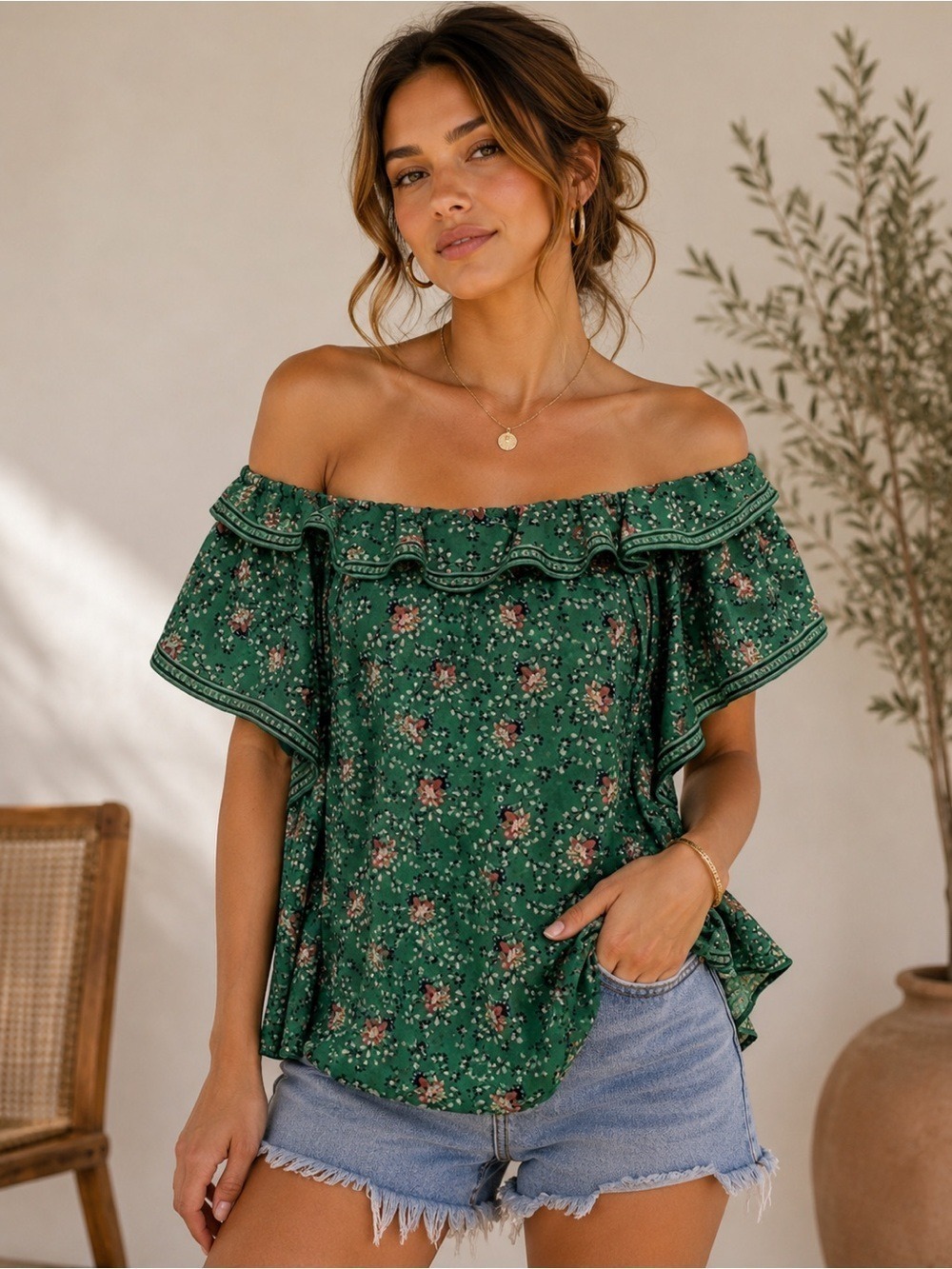 Max Studio Green Floral Off Shoulder Blouse Ruffle Boho Top Size Small